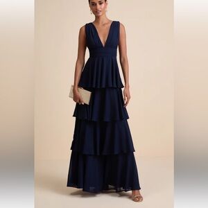 Lulu’s Celebration time Navy blue Tiered Double V Neck Sleeveless Maxi Dress NEW